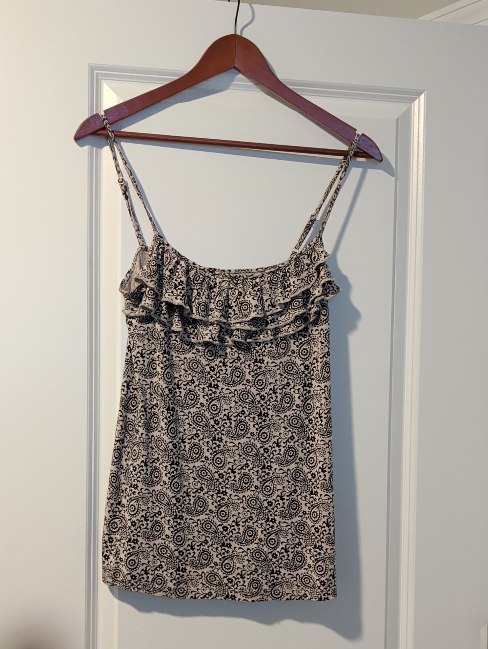 LOFT Cream and Black Paisley Ruffle Camisole